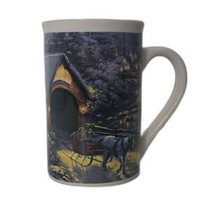 Vintage Thomas Kinkade Winter Evening Memories Covered Bridge Horse Sleigh Mug